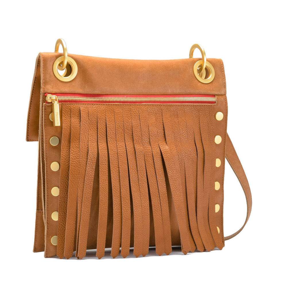 Hammitt Montana Saddle Brown Zip Suede Gold Reverse Leather Bag Handbag Purse NW - Picture 3 of 8
